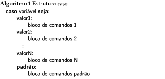 \begin{algorithm}
% latex2html id marker 1997\caption{Estrutura \textsf{caso}...
...STATE{ \qquad \qquad bloco de comandos padro}
\end{algorithmic}\end{algorithm}